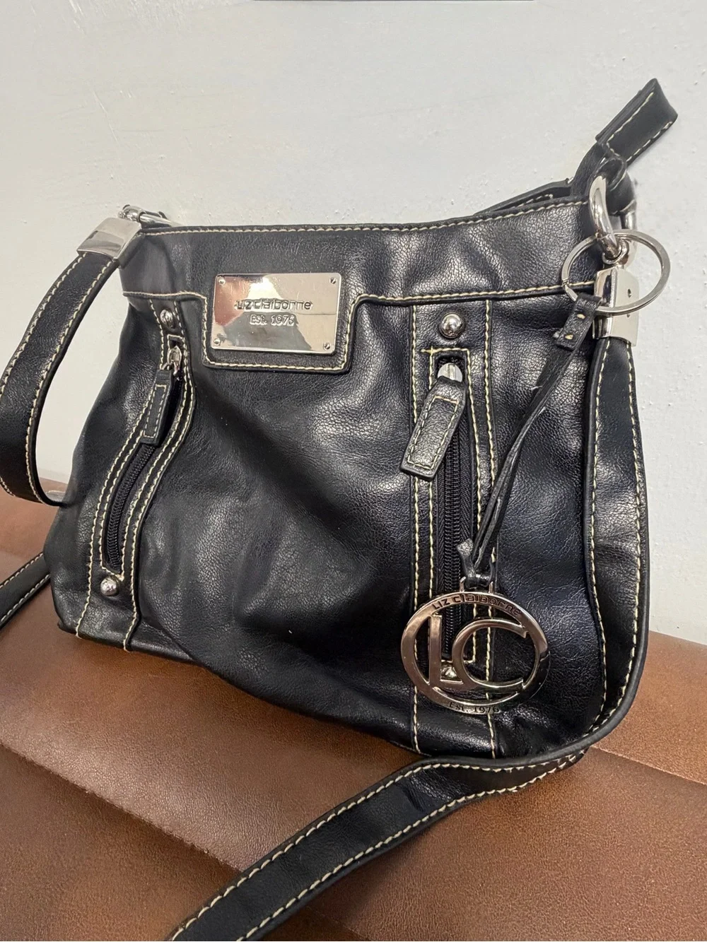 Liz Claiborne Black Leather Crossbody with Contrast Stitching